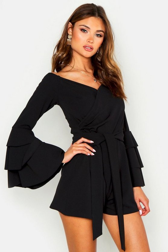 Off The Shoulder Flared Sleeve Wrap Playsuit