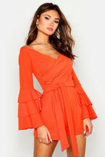 Load image into Gallery viewer, Off The Shoulder Flared Sleeve Wrap Playsuit
