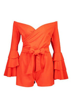 Load image into Gallery viewer, Off The Shoulder Flared Sleeve Wrap Playsuit
