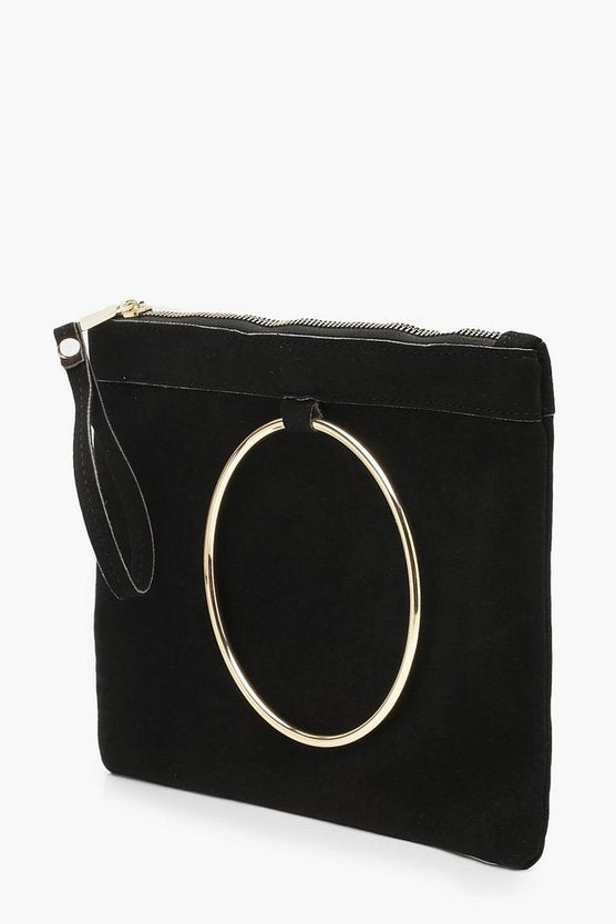 Large Ring Suedette Clutch Bag