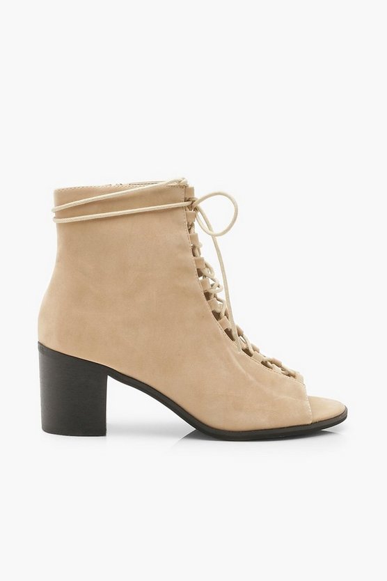Lace Up Peep Toe Block Heel Shoe Boots