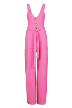 Load image into Gallery viewer, Horn Button Rib Tie Belt Pocket Jumpsuit
