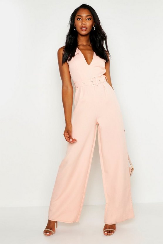 Self Belt V Neck Wide Leg Jumpsuit