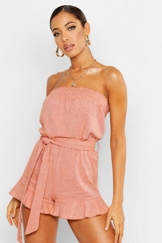 Ruffle Hem Tie Waist Linen Look Playsuit