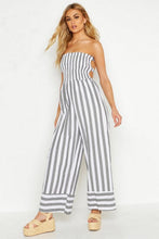 Load image into Gallery viewer, Linen Stripe Shirred Backless Wide Leg Jumpsuit
