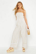 Load image into Gallery viewer, Linen Stripe Shirred Backless Wide Leg Jumpsuit
