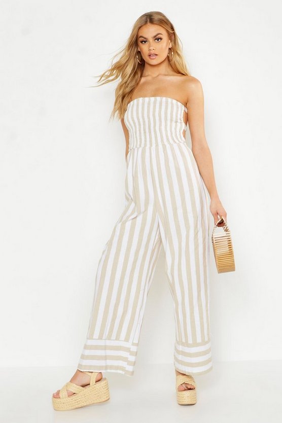 Linen Stripe Shirred Backless Wide Leg Jumpsuit