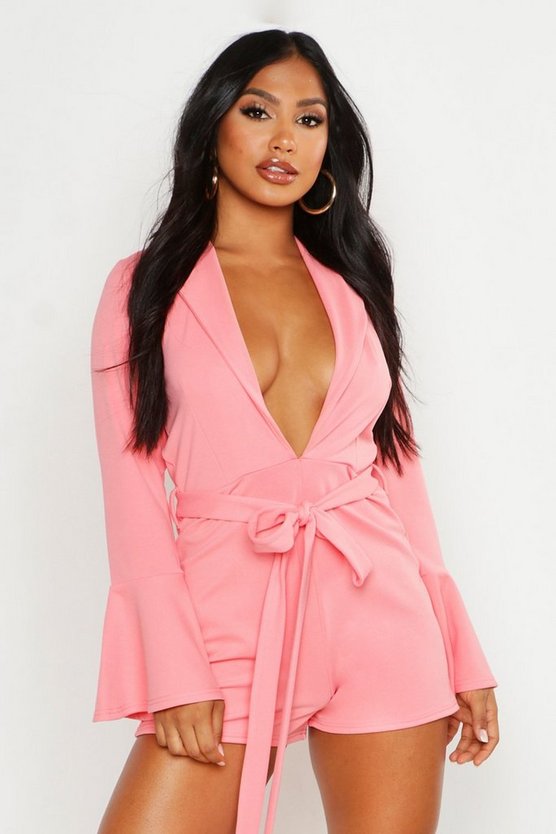 Plunge Belted Flare Sleeve Playsuit