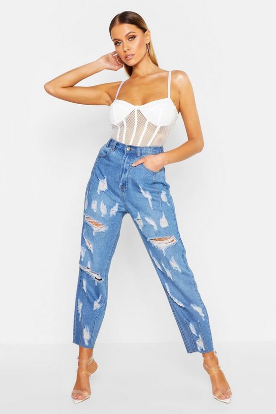 Distressed Hem Detail Mom Jean