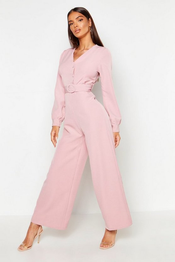 Button Detail Belted Wide Leg Jumpsuit