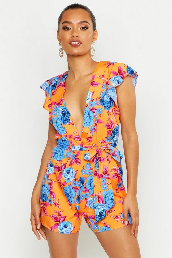 Plunge Front Ruffle Sleeved Playsuit