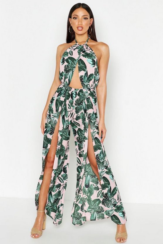 Halterneck Thigh Split Wide Leg Jumpsuit