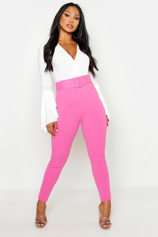 High Waist Belted Skinny Stretch Pants