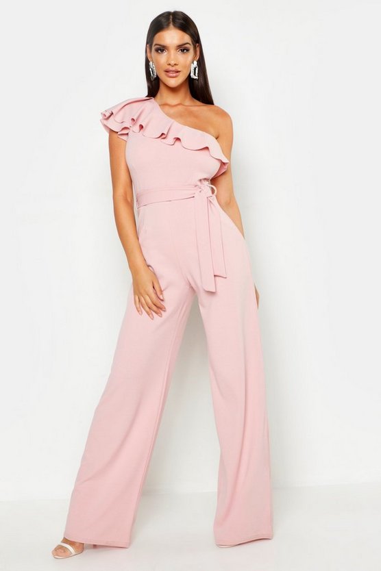 One Shoulder Tie Belt Wide Leg Jumpsuit