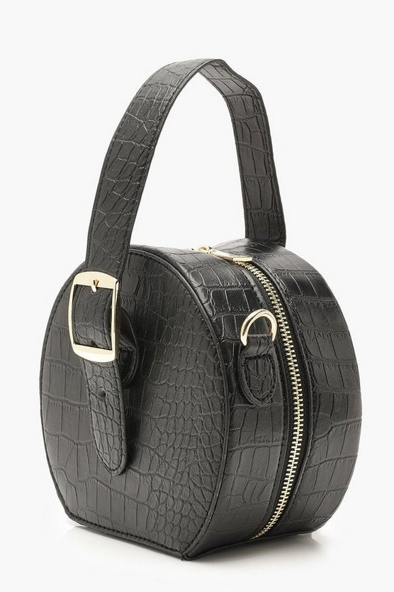 Grab Handle Faux Croc Round Bag