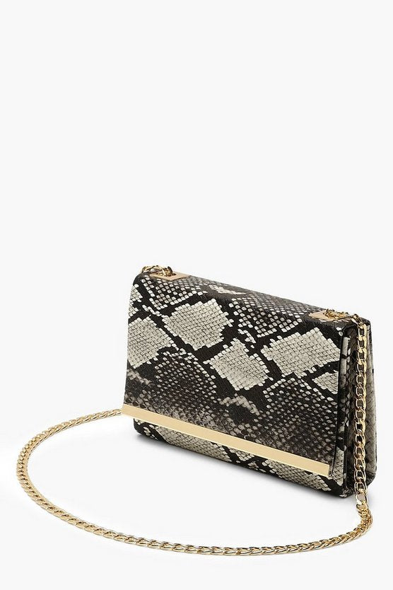 Faux Snake Structured Suedette Clutch Bag