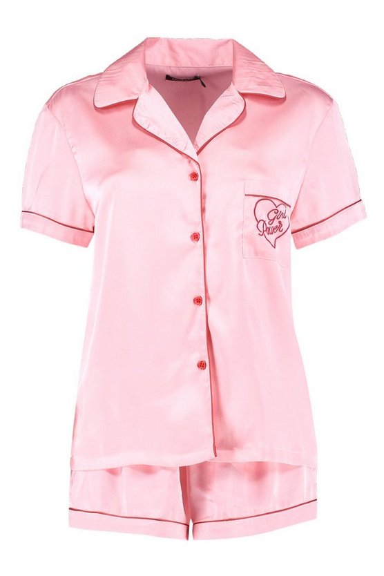 'Girl Power' Embroidered Satin Short Set