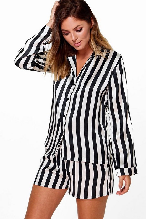Satin Stripe Print Long Sleeve And Short PJ Set