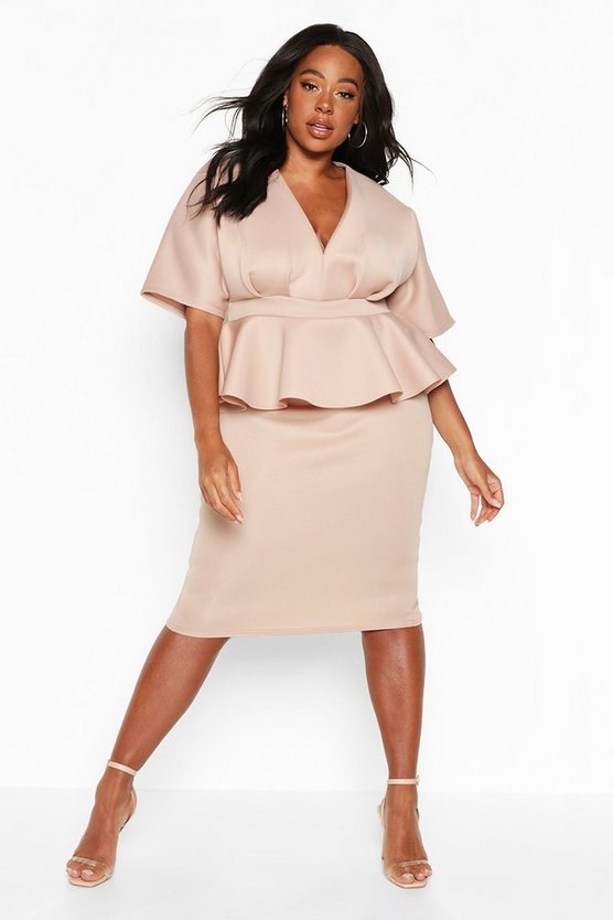 Plus Scuba Plunge Kimono Top - Midi Skirt Co-ord