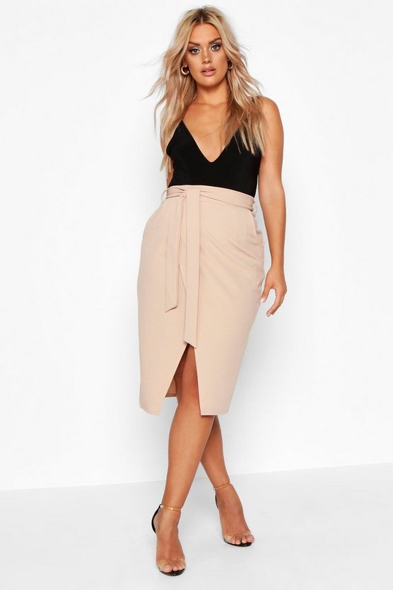 Plus Scuba Crepe Tie Waist Wrap Midi Skirt