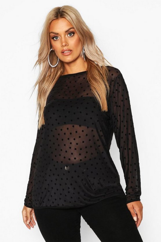 Plus Polka Dot Mesh Longline Top