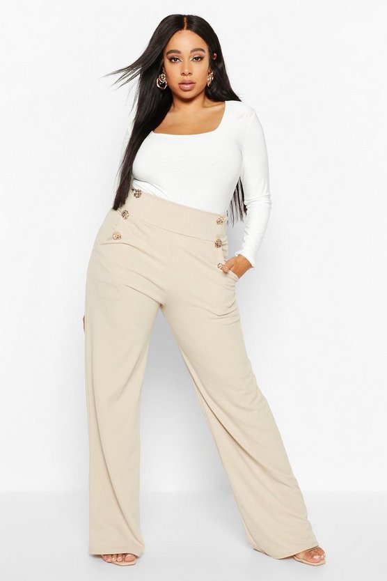Plus High Waisted Gold Button Tailored Trouser