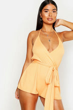 Load image into Gallery viewer, Petite Ribbed Tie Round Strappy Playsuit
