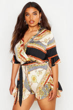 Load image into Gallery viewer, Plus Chain Print Ruffle Self Tie Playsuit
