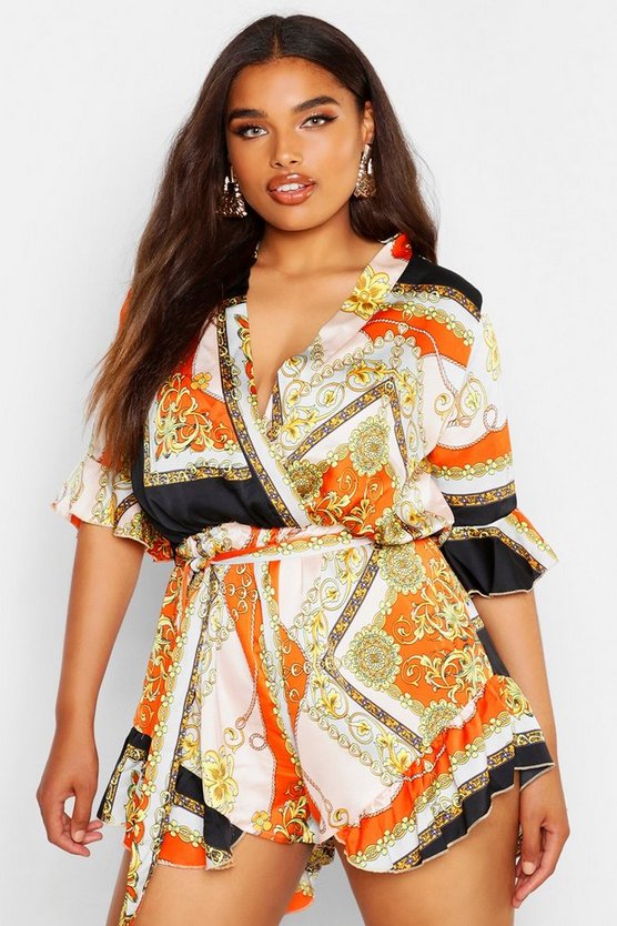 Plus Chain Print Ruffle Self Tie Playsuit