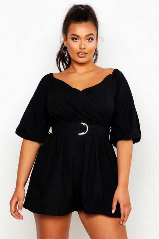 Plus Linen Mix Bardot Belted Playsuit