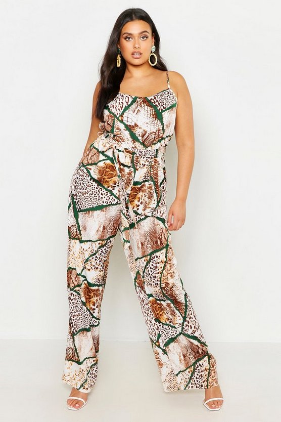 Plus Mixed Animal Print Tie Waist Wide Leg Jumpsuit