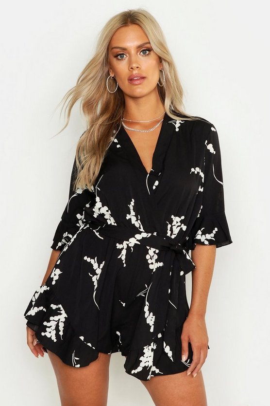 Plus Abstract Floral Print Ruffle Tie Playsuit