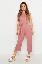 Load image into Gallery viewer, Petite High Neck Belted Rib Culotte Jumpsuit
