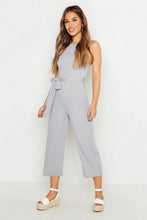Load image into Gallery viewer, Petite High Neck Belted Rib Culotte Jumpsuit
