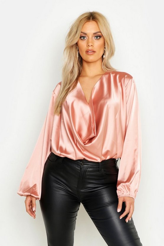 Plus Satin Cowl Long Sleeve Blouse