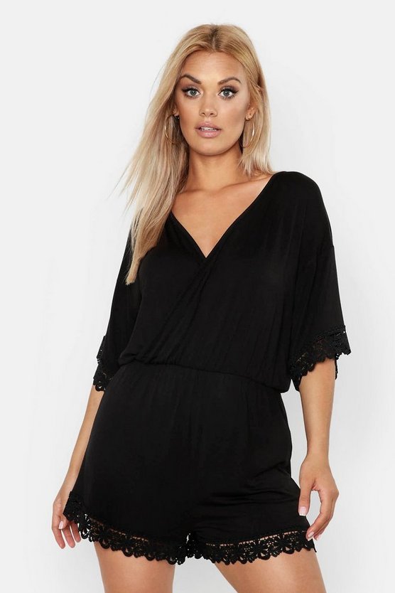 Plus Crochet Trim Wrap Over Playsuit