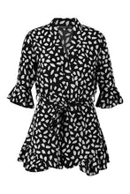 Load image into Gallery viewer, Petite Wrap Ruffle Smudge Print Romper
