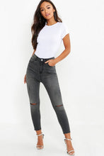 Load image into Gallery viewer, Petite Grey Wash Rip Knee Skinny Jeans 22&quot;&quot; Leg
