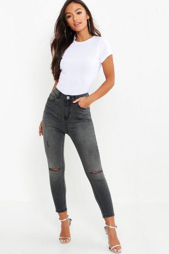 Petite Grey Wash Rip Knee Skinny Jeans 22