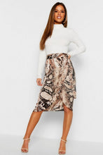 Load image into Gallery viewer, Petite Satin Snake Print Midi Skirt
