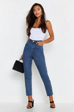 Load image into Gallery viewer, Petite Raw Hem Mid Wash Mom Jean
