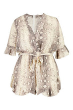 Load image into Gallery viewer, Plus Snake Print Ruffle Wrap Romper
