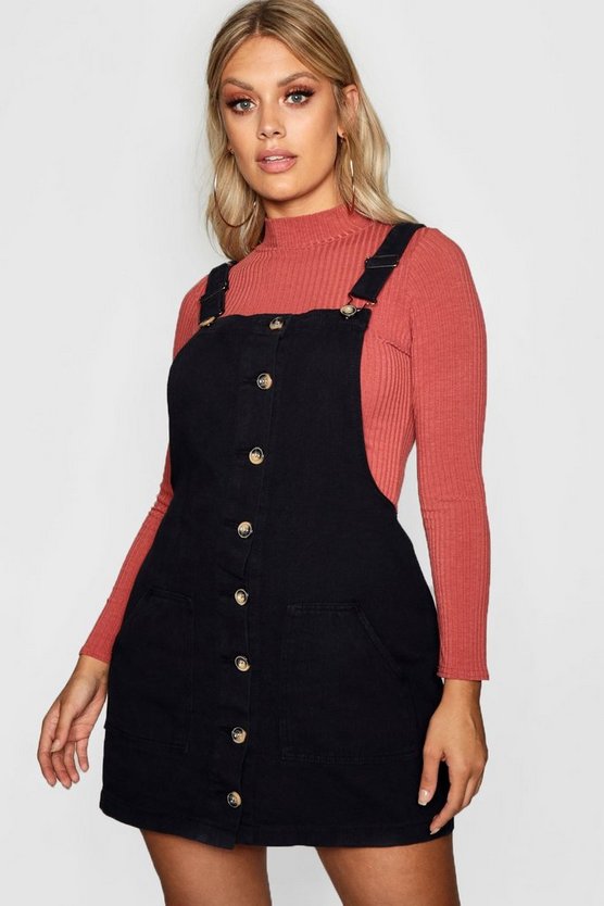 Plus Horn Button Denim Pinafore Dress