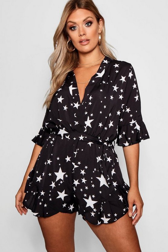 Plus Star Printed Ruffle Romper