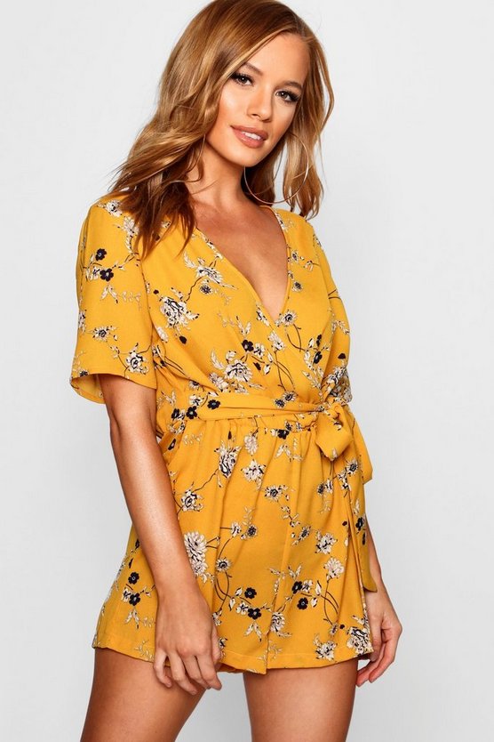 Petite Kimono Wrap Front Tie Belt Romper