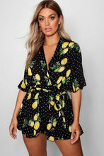 Load image into Gallery viewer, Plus Lemon Polka Dot Wrap Ruffle Romper
