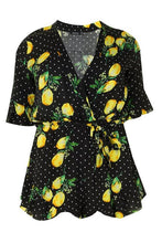 Load image into Gallery viewer, Plus Lemon Polka Dot Wrap Ruffle Romper
