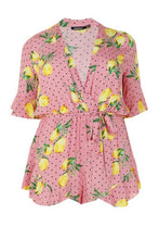 Load image into Gallery viewer, Plus Lemon Polka Dot Wrap Ruffle Romper

