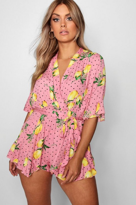 Plus Lemon Polka Dot Wrap Ruffle Romper