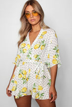 Load image into Gallery viewer, Plus Lemon Polka Dot Wrap Ruffle Romper
